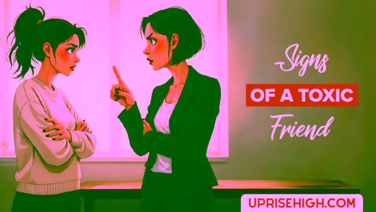 An illustration showing two women in confrontation, one in a beige sweater with arms crossed and another in a business suit pointing her finger, with text reading 'Signs of a Toxic Friend' in stylized typography.
