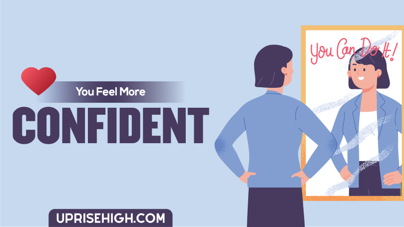 A girl feeling confident and saying "you can do" it while looking into the mirror.