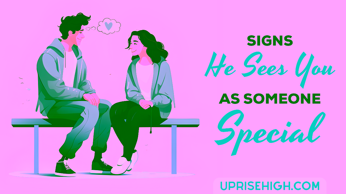 Illustration of a man and woman sitting on a bench, smiling at each other with a heart thought bubble above the man, accompanied by the text 'Signs He Sees You As Someone Special'