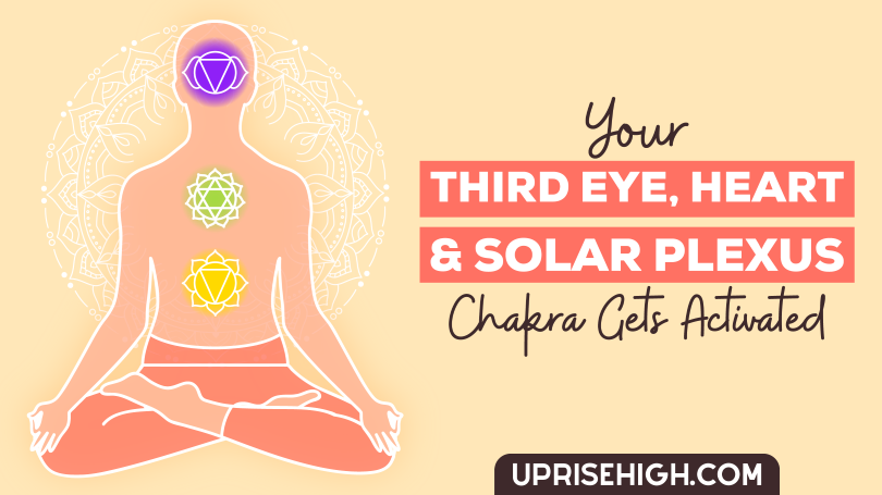 A figure with activated third eye, heart, and solar plexus chakra.