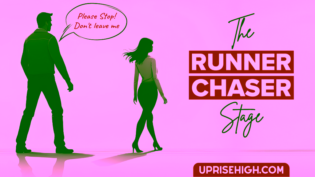 A man chasing a woman saying "Please stop! Don't leave me."