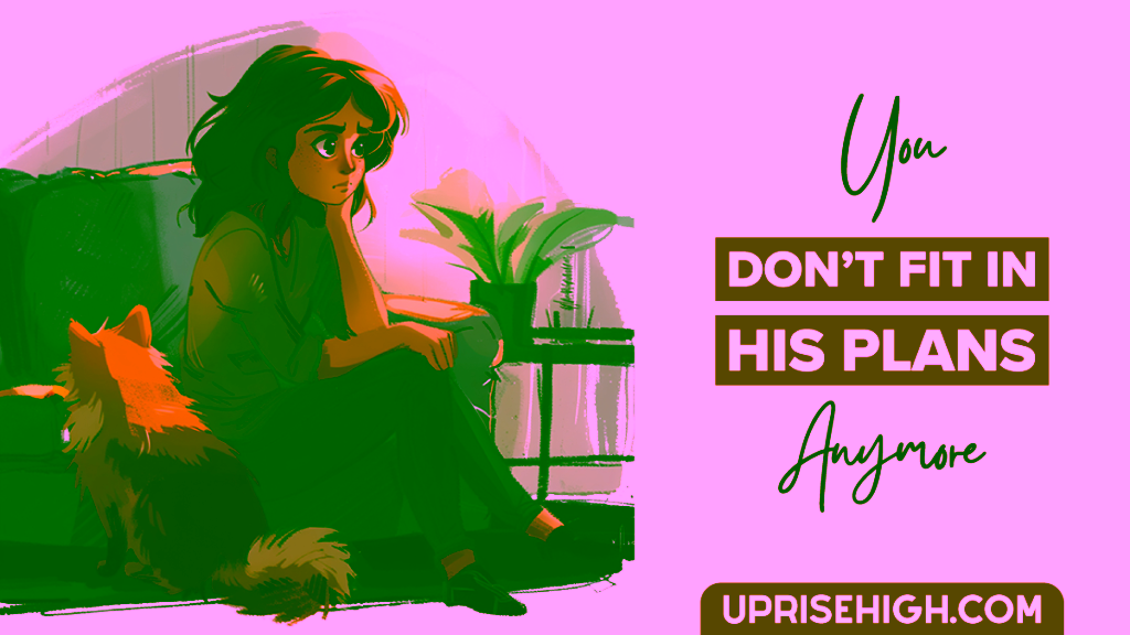 An illustration of a pensive young woman sitting on a couch with an orange cat, looking worried, with text reading "You Don't Fit in His Plans Anymore"