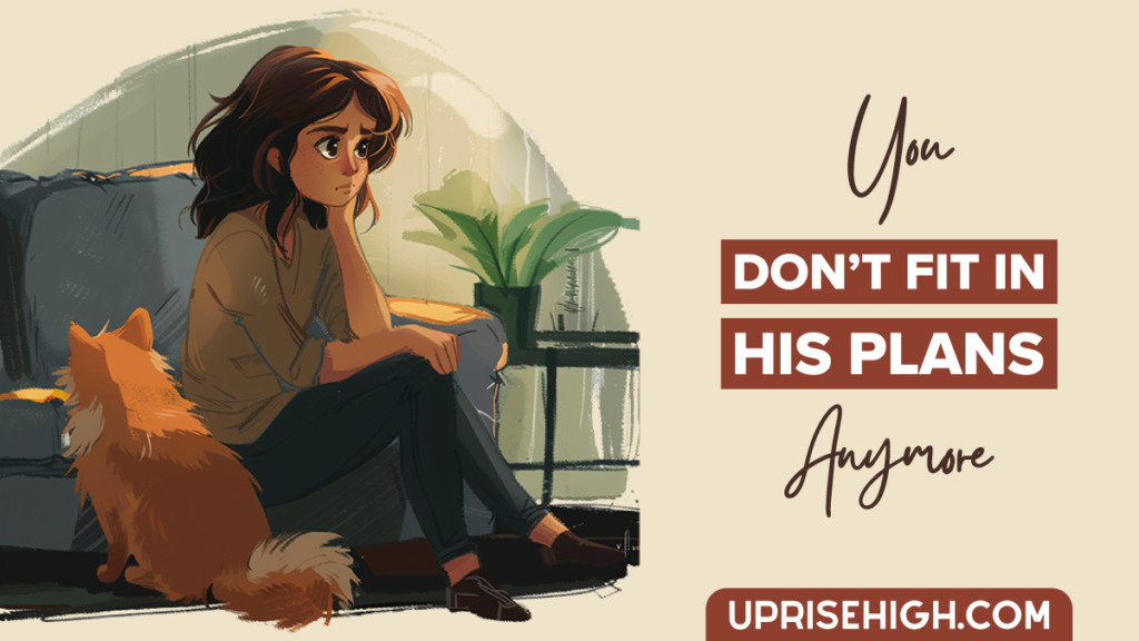 11 Signs He's Losing Interest (I've Been There) 2 An illustration of a pensive young woman sitting on a couch with an orange cat, looking worried, with text reading "You Don't Fit in His Plans Anymore"
