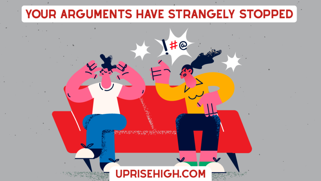 11 Signs He's Losing Interest (I've Been There) 3 A minimalist illustration of a couple arguing on a red couch, with cartoon symbols indicating frustration above their heads, and text reading "Your Arguments Have Strangely Stopped."