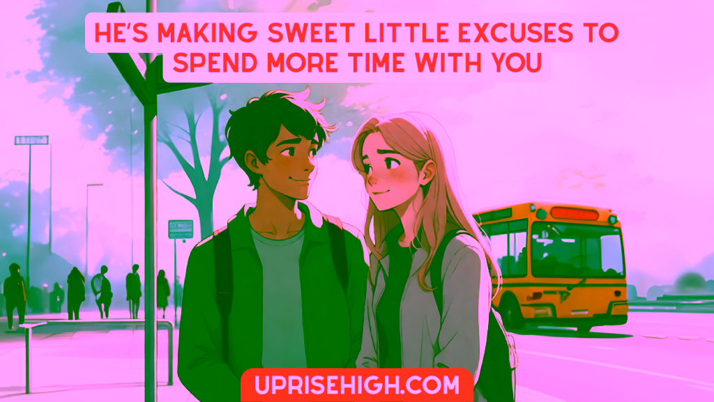 An illustration of a girl and a guy blushing and looking at each other with text above them "He’s Making Sweet Little Excuses to Spend More Time With You."
