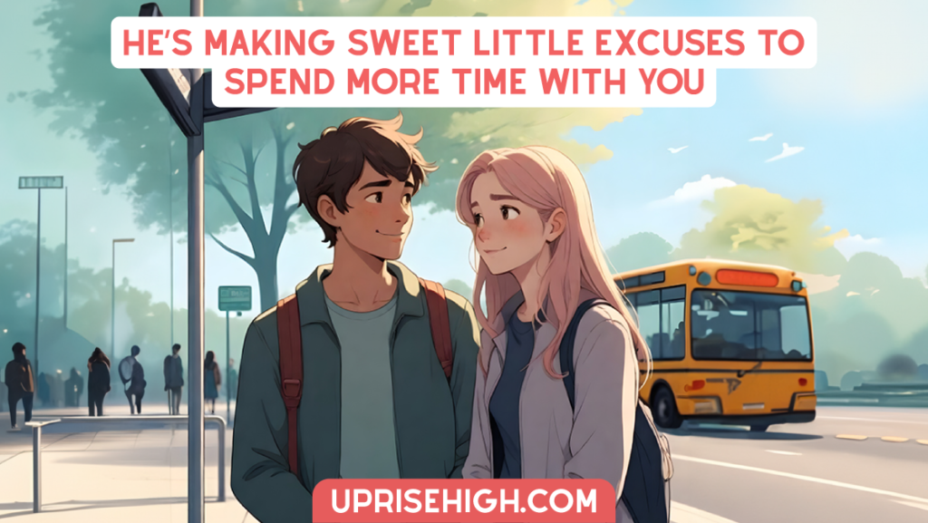 An illustration of a girl and a guy blushing and looking at each other with text above them "He’s Making Sweet Little Excuses to Spend More Time With You."