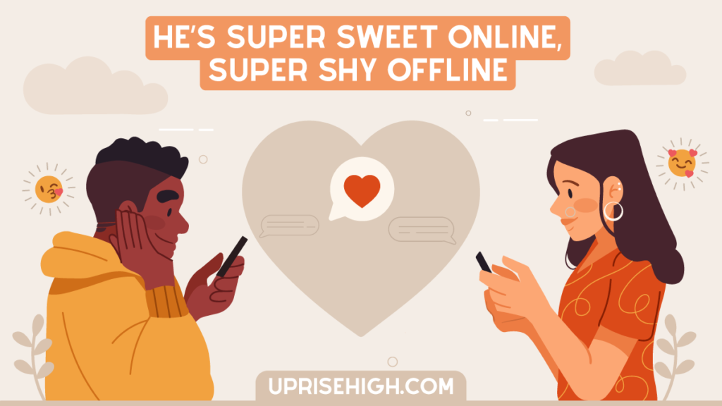 An illustration of a girl and a guy chatting with each other on social media with text above them "He's Super Sweet Online, Super Shy Offline."