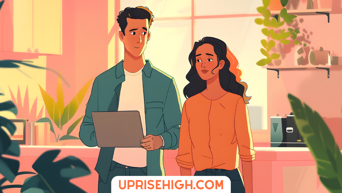 Guy working on laptop and his girlfriend standing beside him.