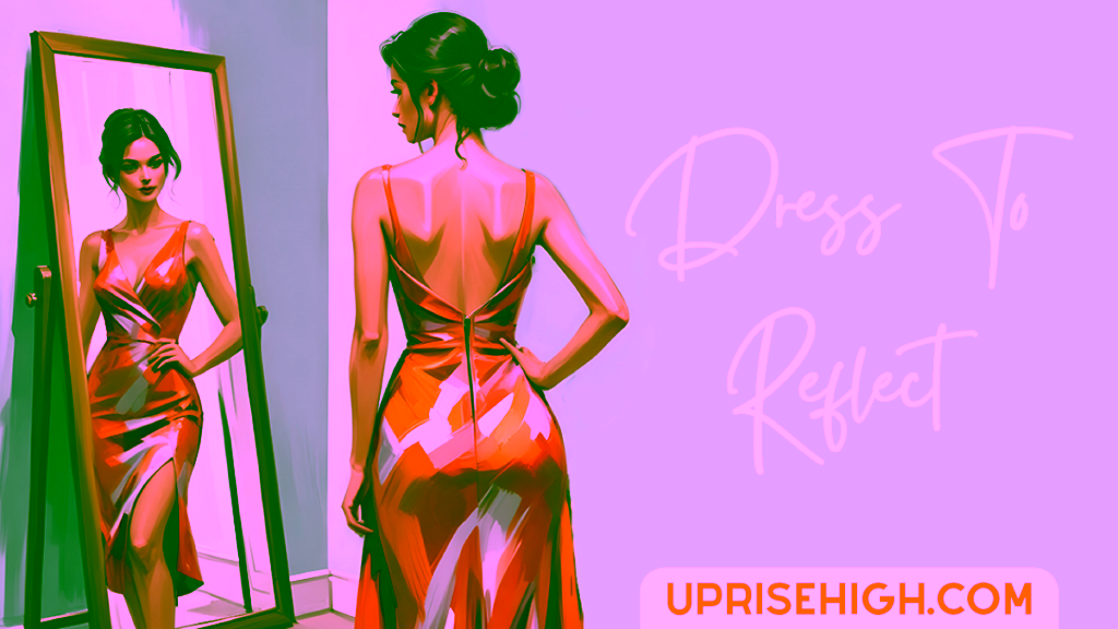 A well-dressed woman looking at herself in the mirror.