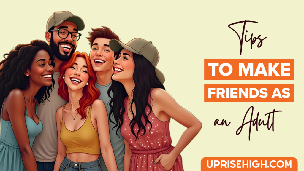 A diverse group of five young adults smiling and posing together, illustrating how to make friends as an adult through social connection and inclusivity.