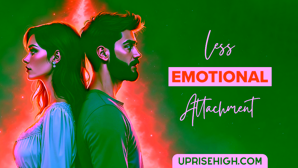 A colorful digital illustration depicts a man and woman in a close, emotional embrace with a fiery background and the text "Less Emotional Attachment".