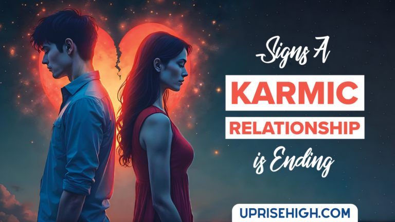 An illustrated image shows a man and woman standing back-to-back with a broken heart in the background, along with the text "Signs A Karmic Relationship is Ending".