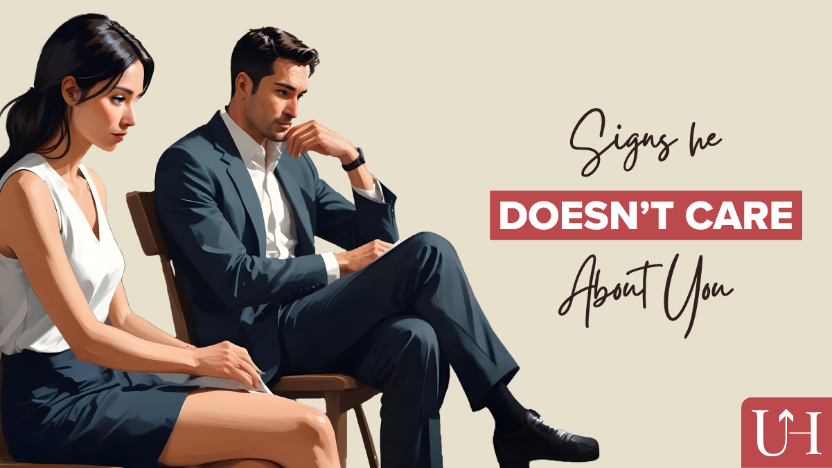 An illustration of a couple sitting apart in formal attire looking disconnected - man in a suit lost in thought while woman in white looks away - with text reading "Signs he Doesn't Care About You"