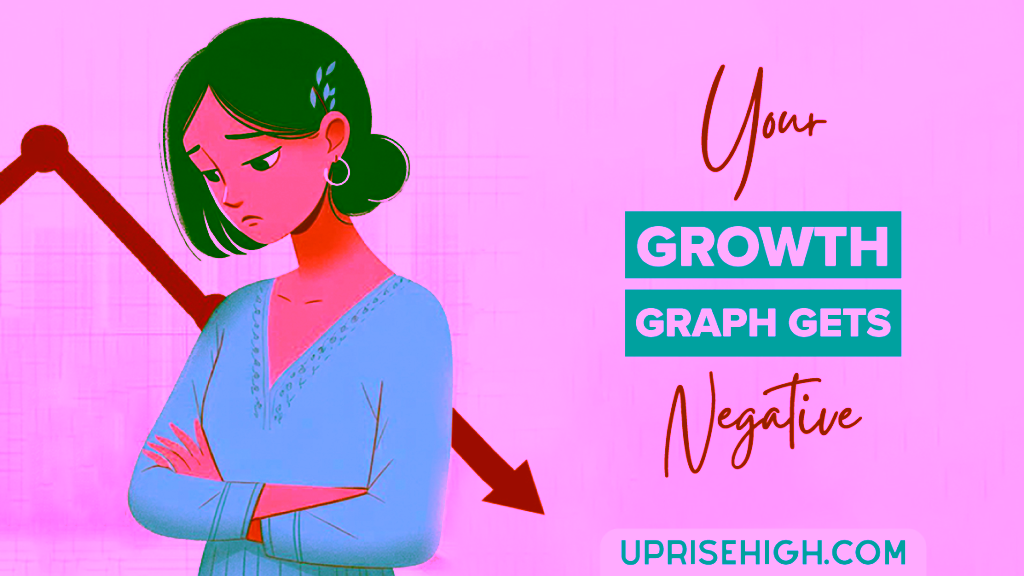 An illustration of a frustrated woman with her arms crossed is shown, along with text stating "Your Growth Graph Gets Negative", indicating that personal growth may be hindered or regressing.