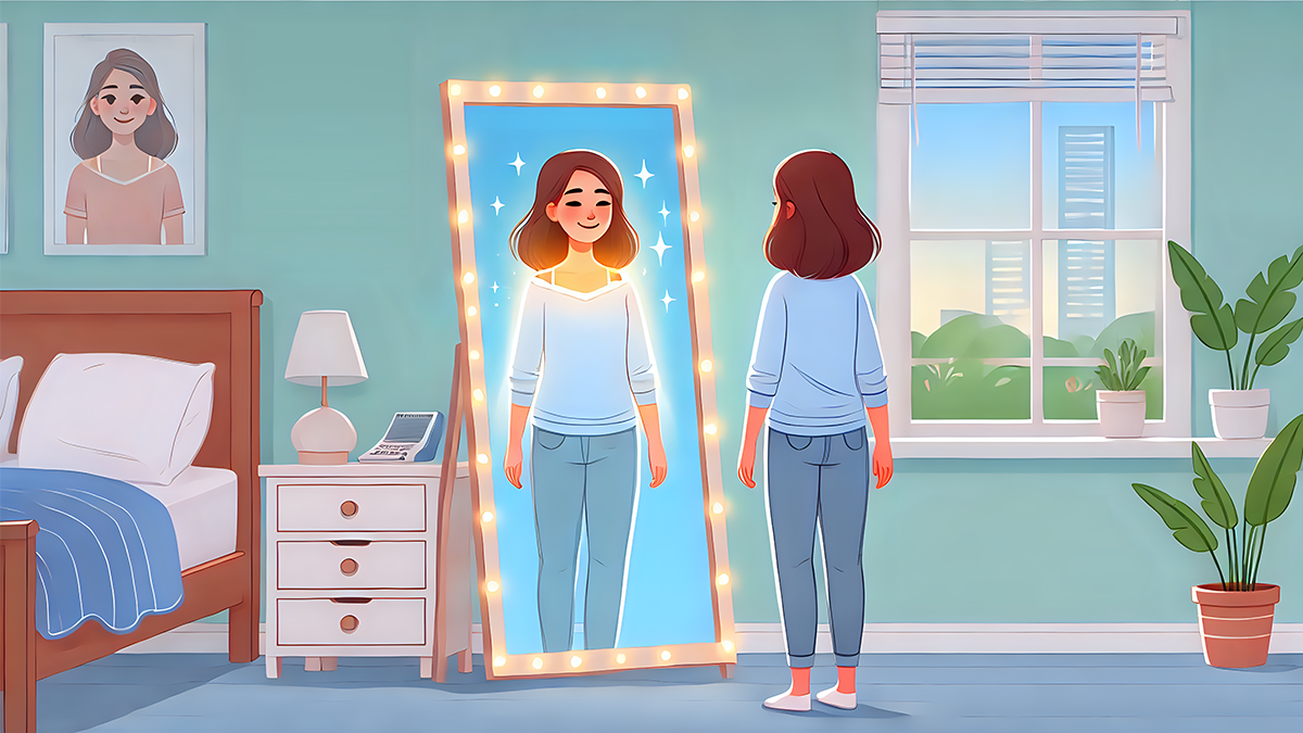 Woman looking at herself in a mirror