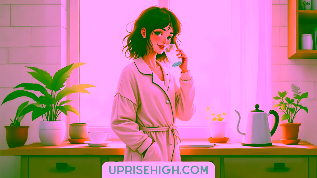 An illustration of a woman in a light robe drinking a hot beverage by a window at sunrise or sunset, surrounded by houseplants and a kettle on the counter.