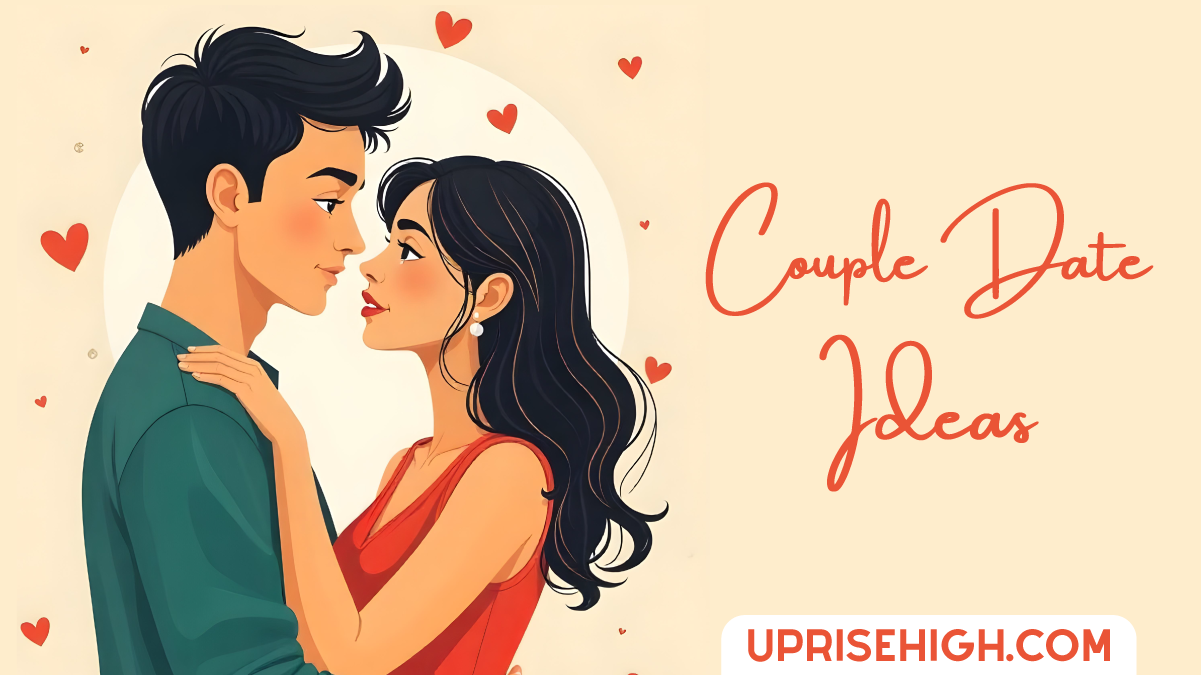 A stylized illustration of a romantic couple, with floating hearts and text reading "Couple Date Ideas"