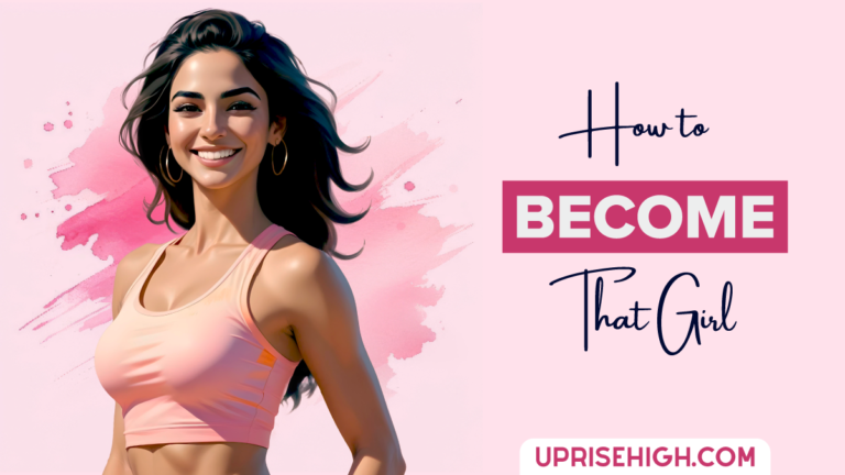 An illustration of a smiling woman with long dark hair wearing a pink crop top against a pink watercolor background, with text reading "How to Become That Girl"