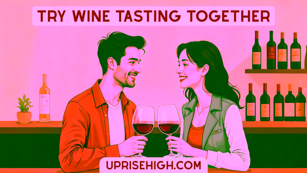 An illustration of a smiling couple toasting wine glasses in a wine tasting room, with text reading "TRY WINE TASTING TOGETHER"