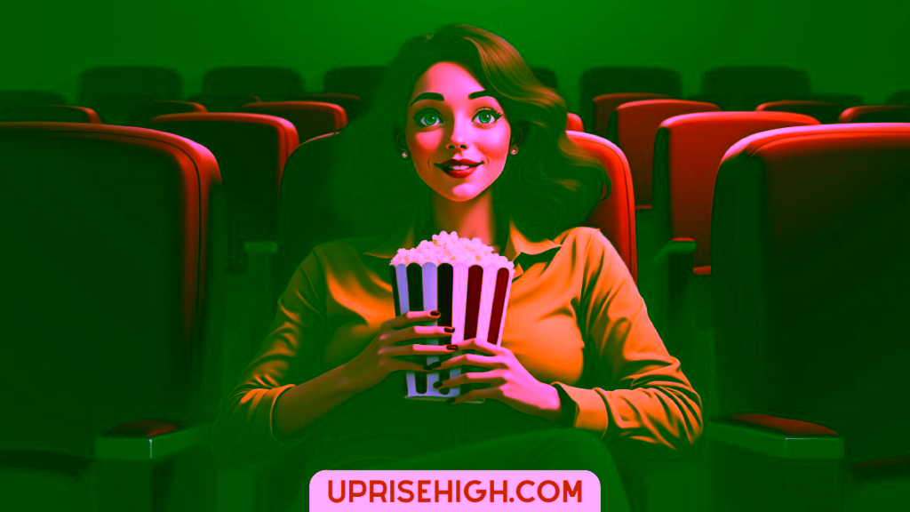 An illustration of a smiling woman in a yellow sweater watching a movie alone at a theater, holding a striped popcorn container while seated among red cinema chairs.