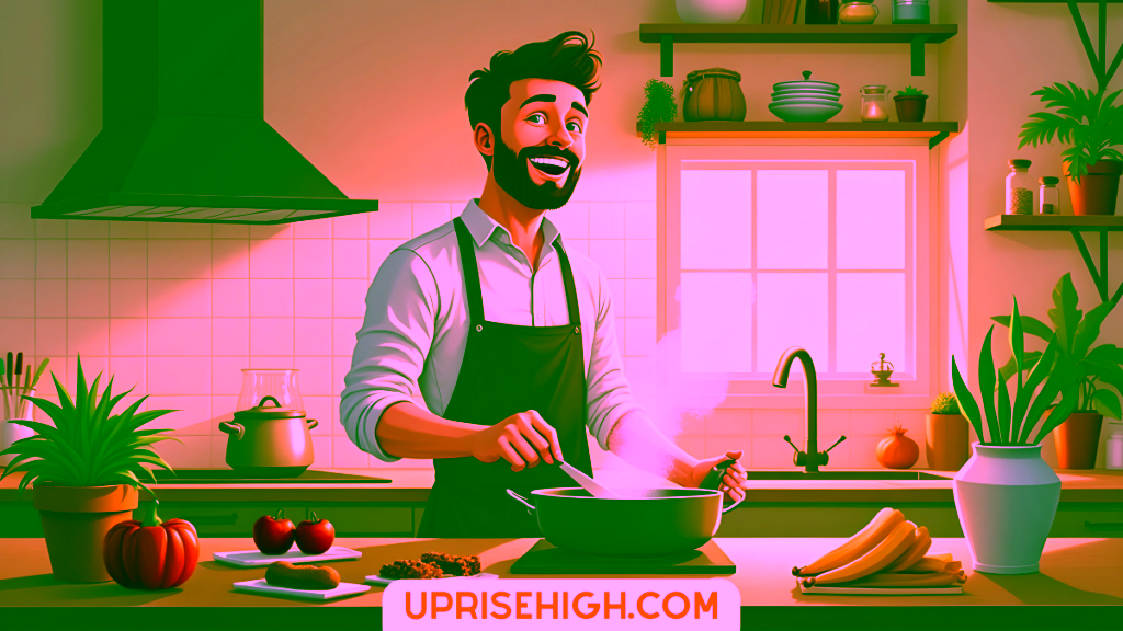 An illustration of a bearded man cooking at home, wearing an apron while stirring a pan in a sunny kitchen with plants, fresh ingredients, and modern appliances.