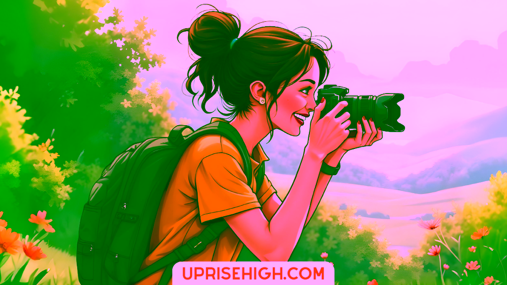 An illustration of a smiling woman in a yellow shirt taking photographs in nature, wearing a backpack while surrounded by mountains, trees and flowers.