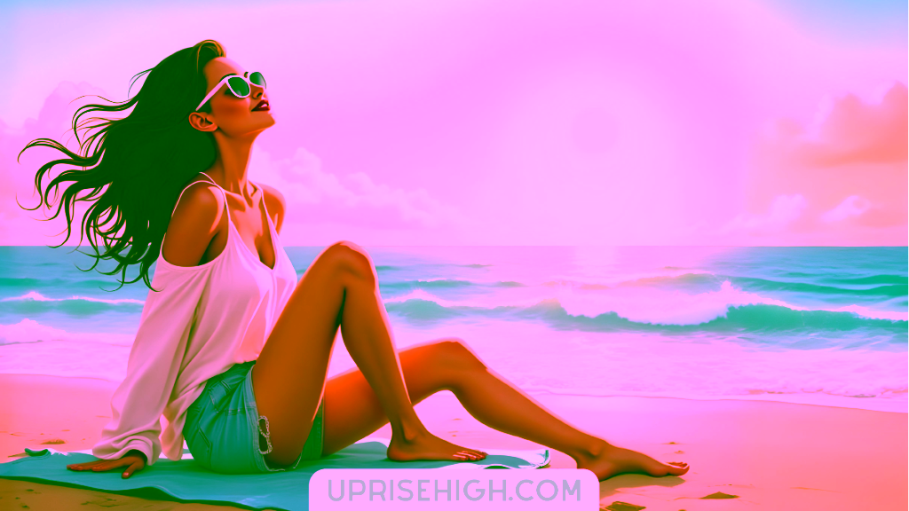 An illustration of a woman in sunglasses and denim shorts relaxing on a beach at sunset, hair flowing in the wind as she sits on a towel by the ocean.