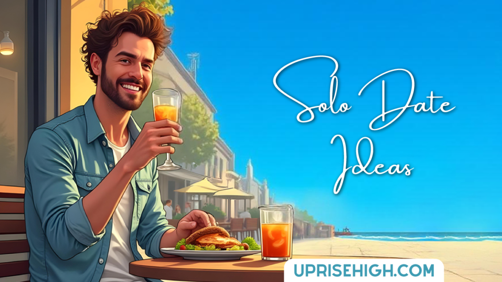 An illustration of a bearded man enjoying a solo meal at a beachside restaurant, smiling while holding a drink with a burger on his plate, with text reading "Solo Date Ideas."