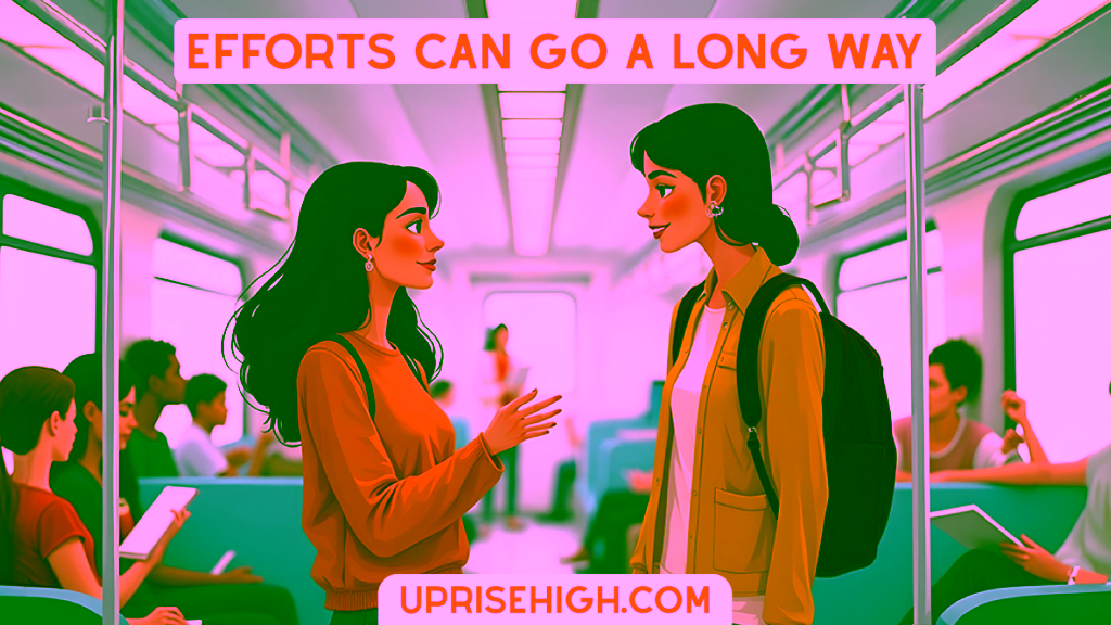 Illustration of two women talking inside a train, with other passengers seated in the background.