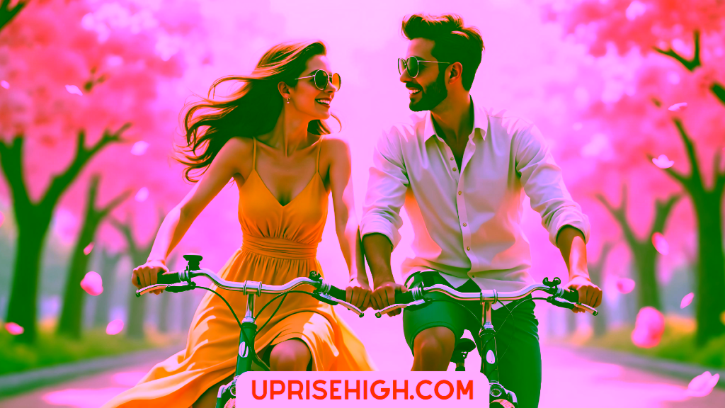 An illustration of a happy couple riding bicycles together on a path lined with cherry blossom trees, the woman wearing a flowing yellow dress and the man in a white shirt.