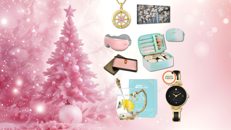 A product collage featuring gift ideas against a pink Christmas tree background, including a gold compass necklace, eye massager, makeup bag, decorative wall art, floral tea cup, and ladies' watch in black and gold.