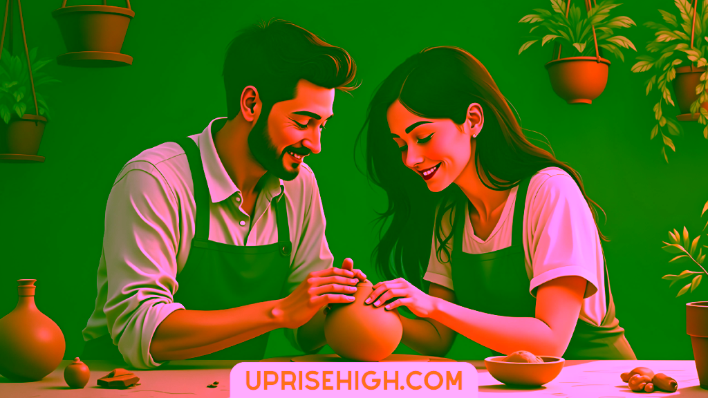 An illustration of a couple wearing matching aprons working together on pottery, with the man and woman both smiling while shaping clay, surrounded by potted plants and ceramics.