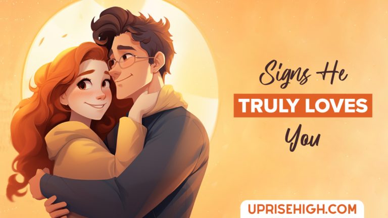 An illustration of a couple embracing affectionately, with a woman with red curly hair and a man wearing glasses against a sunset backdrop, with text reading "Signs He Truly Loves You"