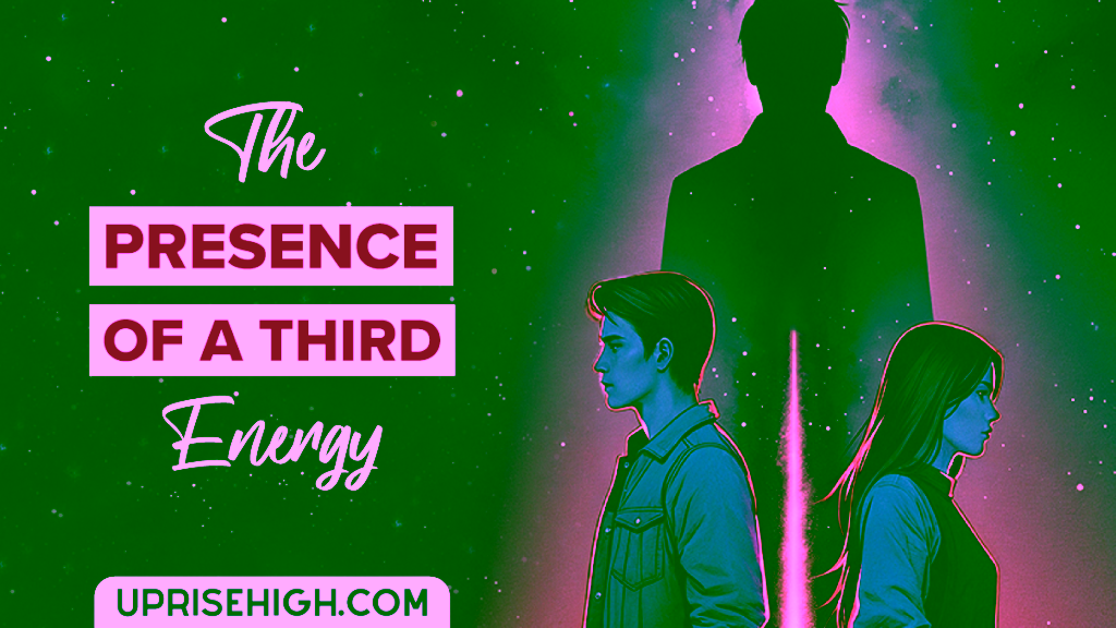 The illustration shows the silhouettes of three people against a starry night sky background, with the text "The Presence of a Third Energy" above.