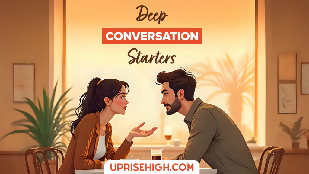 An illustration of a couple engaged in deep conversation at a table with drinks at sunset, with text reading "Deep Conversation Starters"