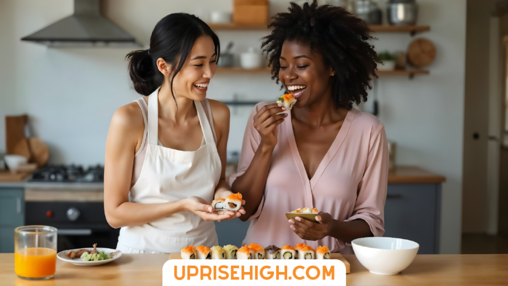 Two friends laughing together in a modern kitchen while tasting homemade sushi rolls, one wearing a white apron and the other in a pink blouse, with orange juice and serving bowls on the wooden counter.