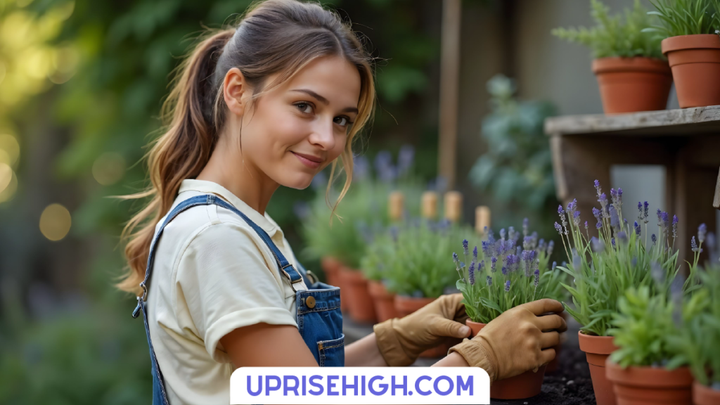 A woman in denim overalls and gardening gloves tends to potted lavender plants, smiling at the camera while working in a lush garden setting with terracotta pots in the background.
