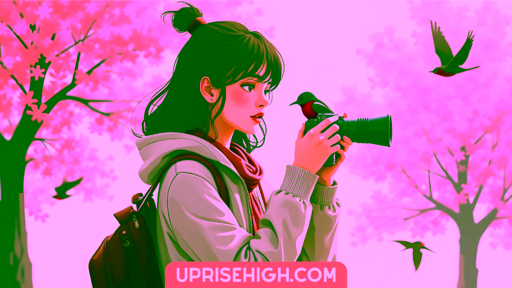 An illustration of a woman photographing birds with a DSLR camera among cherry blossom trees, wearing a gray hoodie, red scarf and backpack, with red-breasted birds perched and flying around her.