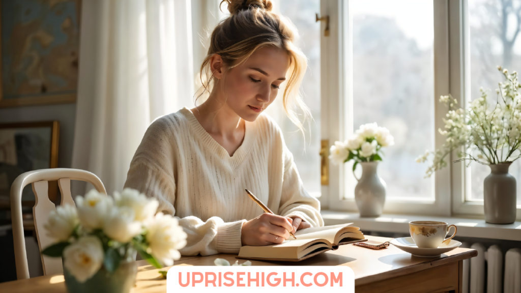 A woman in a cream sweater sits at a wooden desk by a window, writing in a journal, with white flowers in vases and a coffee cup beside her, bathed in soft natural light.