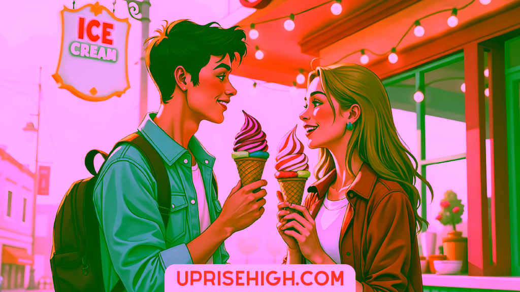 25 Spring Date Ideas That'll Give You Butterflies Again! 3 An illustration of a young couple sharing ice cream cones outside a retro ice cream shop decorated with string lights, with the woman in a pink jacket and the man wearing a blue denim jacket and brown backpack.