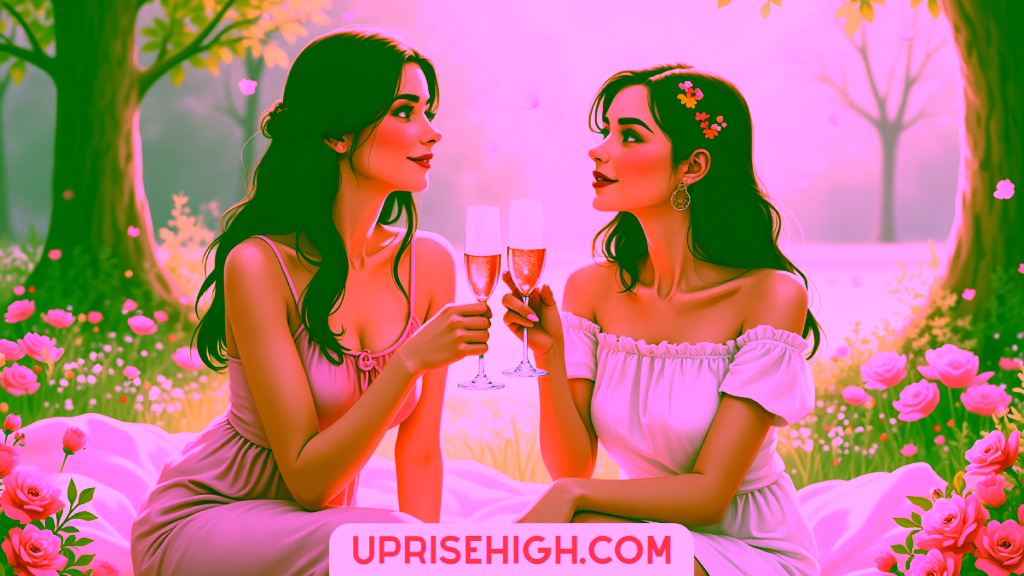 An illustration of two women toasting with champagne in a romantic garden setting, one in a pink dress and one in white, surrounded by blooming roses and soft sunset light filtering through trees.