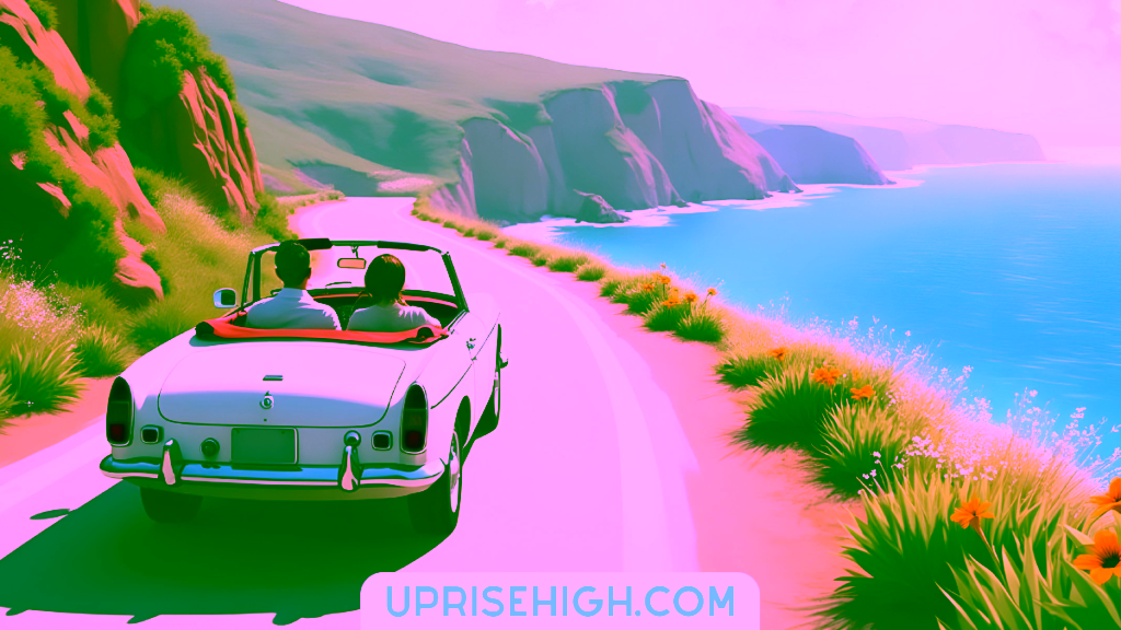 An illustration of a couple driving a classic white convertible along a coastal road, with dramatic cliffs, turquoise ocean views, and California poppies dotting the landscape beside the winding highway.