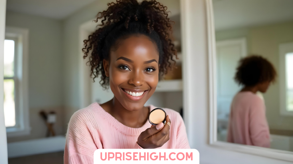 A woman in a pink sweater smiles brightly at the camera while holding up a makeup compact, with a bathroom mirror and natural light in the background.