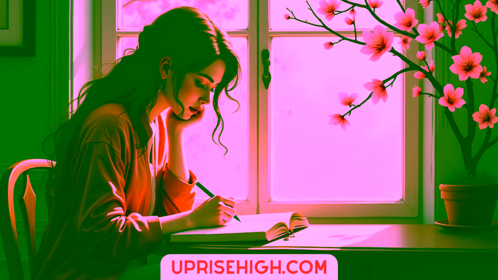 An illustration of a woman in a coral-colored sweater writing in a journal at a desk by a window, with cherry blossoms blooming outside and warm sunlight casting shadows across the scene.