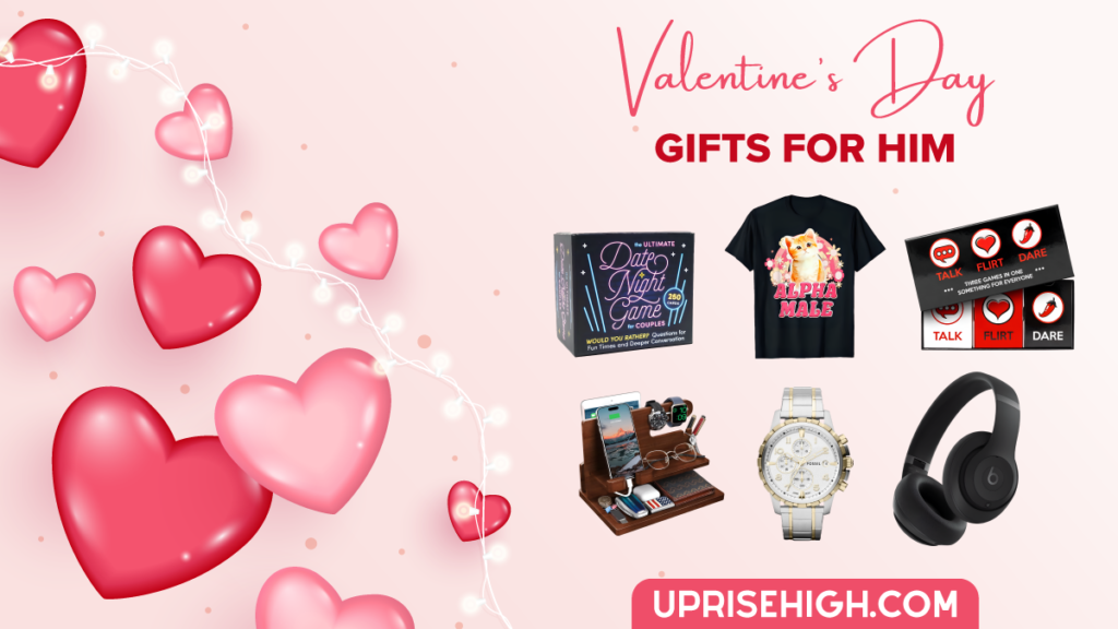 A product collage featuring Valentine's Day gift ideas for men against a pink background with floating hearts, showing gaming cards, a graphic t-shirt, couple's game, charging station, watch, and headphones, with text reading "Valentine's Day Gifts For Him"