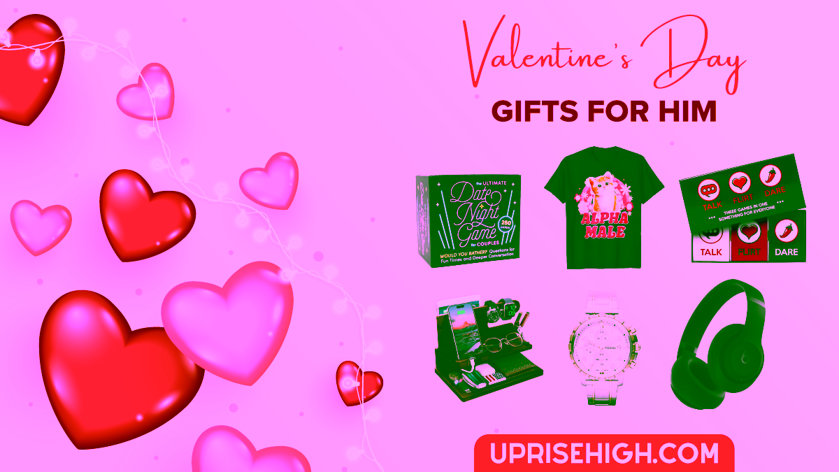 A product collage featuring Valentine's Day gift ideas for men against a pink background with floating hearts, showing gaming cards, a graphic t-shirt, couple's game, charging station, watch, and headphones, with text reading "Valentine's Day Gifts For Him"