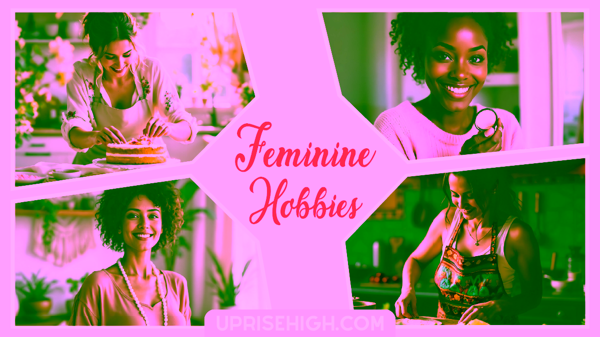 A photo collage showcasing "Feminine Hobbies" with four images: a woman decorating a cake, another holding makeup, one wearing pearls, and another cooking in a colorful apron.