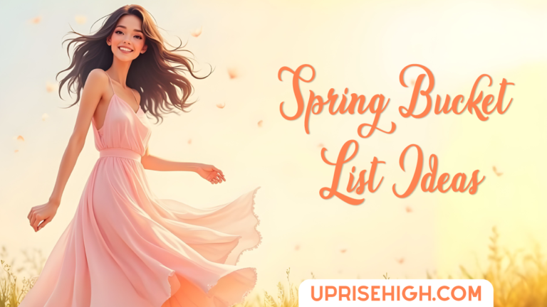 An illustration of a woman in a flowing pink dress twirling in a sunlit field, with her hair flowing in the breeze and text reading 'Spring Bucket List Ideas' in coral-colored script.