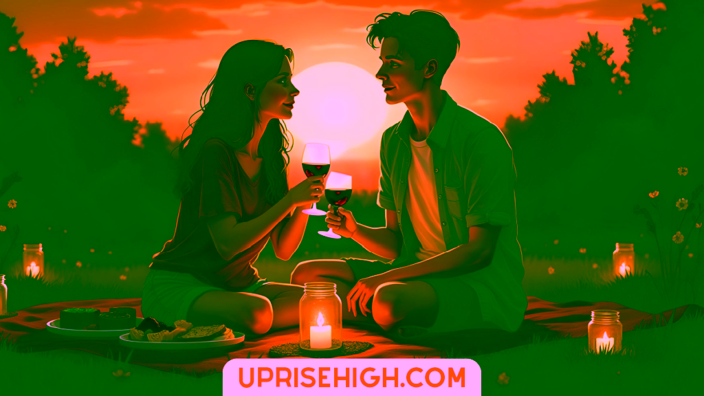 25 Spring Date Ideas That'll Give You Butterflies Again! 2 An illustration of a romantic sunset picnic scene with a couple sharing wine on a red blanket, surrounded by mason jar candles and plates of food, with a large orange sun setting behind silhouetted trees.