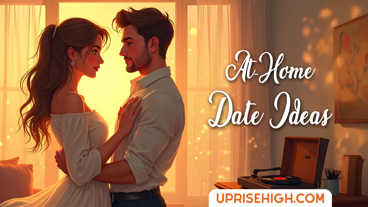 An illustration of a couple in an intimate slow dance pose backlit by sunset through curtained windows, with a vintage record player on a table nearby and text reading 'At-Home Date Ideas' in elegant script.